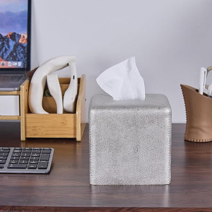 Silver Square Tissue Box Cover,Resin Heavy Sturdy Tissue Box Holder, Facial Paper Holder for Bathroom Vanity Countertop,Bedroom Night Stand,Office and End Table