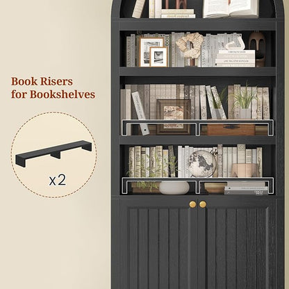 81" Tall Arched Cabinets,Bookcase with storage,Mid-Century Modern 6-Tier Bookshelf with Door,2 Book Risers and Adjustable Shelves offering more storage space for Living Room,Kitchen,Home Office,Black