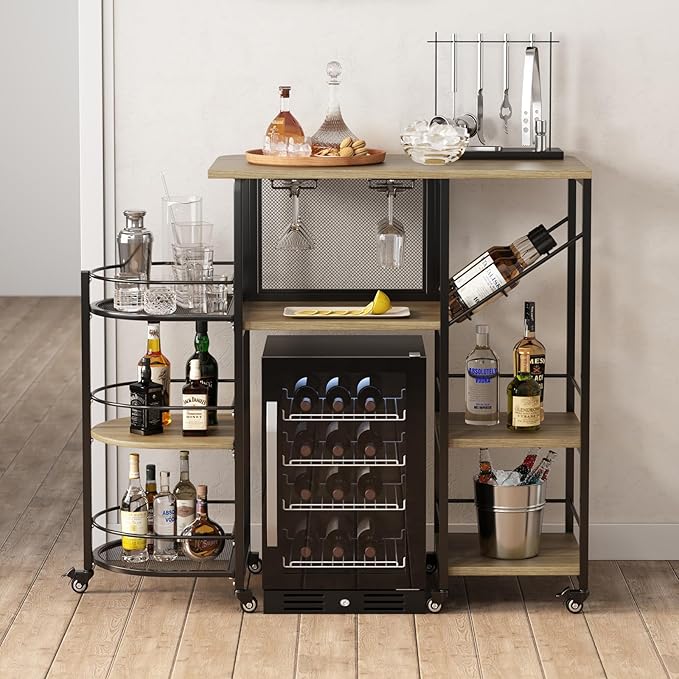 Bar Cart, Home Bar Service Cart with Wine Rack and Glass Holder, Kitchen Cart with Rolling Wheels, Metal Bar Rack with 7 Tiers Storage for Home, Kitchen, Living Room, Dining Room (Wood)