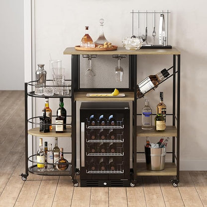 Bar Cart, Home Bar Service Cart with Wine Rack and Glass Holder, Kitchen Cart with Rolling Wheels, Metal Bar Rack with 7 Tiers Storage for Home, Kitchen, Living Room, Dining Room (Wood)
