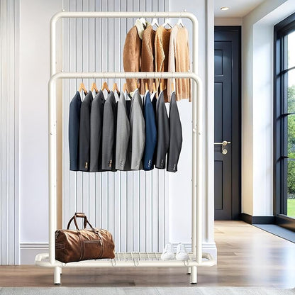 Simple Houseware Double Rod Clothing Garment Rack with Bottom Shelves, White