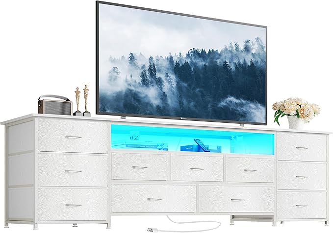 Huuger 70 Inch TV Stand for 75, 80 Inch TV, 11 Drawer Long Dresser with Power Outlets and LED Lights, Entertainment Center with Storage, White Dresser with PU Leather Surface