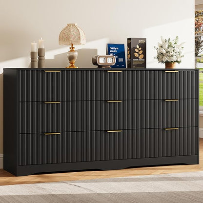 Fluted 9 Drawers Dresser for Bedroom, 63" Wide Wood Dressers Chest of Drawers with Metal Handle, Long Modern Dresser TV Stand Storage Organizer for Living Room, Black