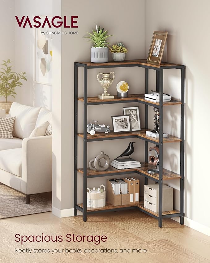 VASAGLE 5 Tier Bookshelf with Metal Frame, Convertible Industrial Corner Shelf, 9.4 x 40.2 x 55.9 Inches, for Living Room, Bedroom, Home Office, Rustic Brown and Ink Black ULLS605KD01