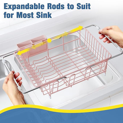 JASIWAY Pink Dish Drying Rack in Sink, Expandable Stainless Steel Dish Drainers for Kitchen Counter, Dish Dryer Rack for Inside Sink, Over The Sink Dish Racks with Utensil Holder
