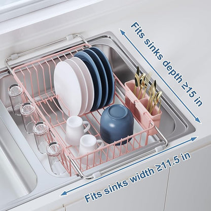 JASIWAY Pink Dish Drying Rack in Sink, Expandable Stainless Steel Dish Drainers for Kitchen Counter, Dish Dryer Rack for Inside Sink, Over The Sink Dish Racks with Utensil Holder