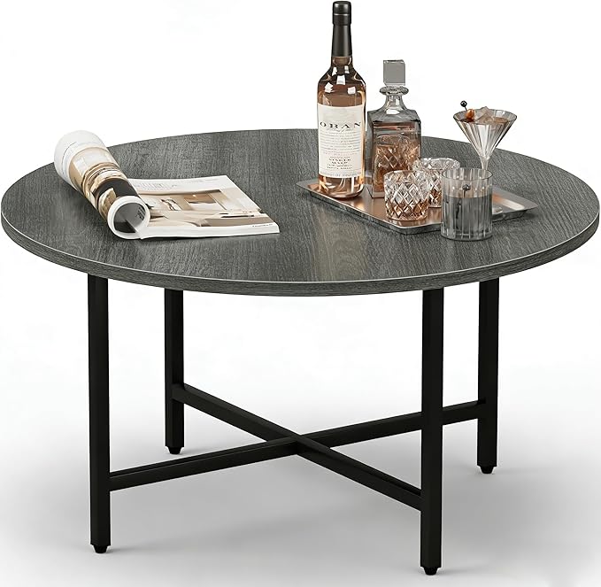 Coffee Table, 23.6" Coffee Tables for Living Room, Round Coffee Table with Metal Frame, Floor Table for Sitting on The Floor, Home, Office, Elegant Gray