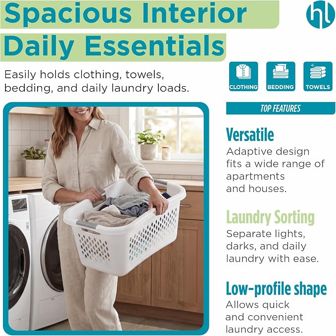 Home Logic 1.5 Bushel Plastic Laundry Basket Front Load, Large Laundry Hamper with Handles, Ventilated Clothes Organizer for Bedroom Bathroom Closet, 4 Pack, White