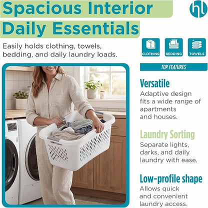 Home Logic 1.5 Bushel Plastic Laundry Basket Front Load, Large Laundry Hamper with Handles, Ventilated Clothes Organizer for Bedroom Bathroom Closet, 4 Pack, White