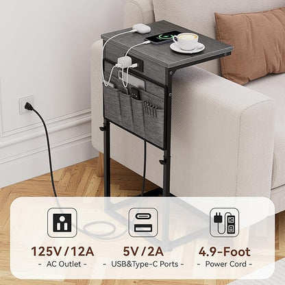 Vagusicc C-Shaped End Table Set of 2 with Charging Station, C Table End Table Adjustable Height Side Table for Couch, Slide Under Sofa Table TV Tray Tables for Living Room,Bedroom,Bedside, Gray Walnut