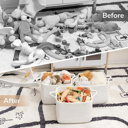 Goodpick White Woven Rope Basket with Handles, Medium Rectangle Basket for Books, Toys, Towels, Square Decorative Baskets for Living Room, Nursery, Shelf Baskets for Bedroom, 13" x 10" x 9"