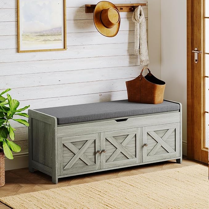 Pipishell 2-Tier Shoe Storage Bench with Cushioned Seat, Entryway Bench with Adjustable Shelf & Barn Doors, 300 lbs Capacity, 43.4" W x 16" D x 18" H, for Entryway, Bedroom, Living Room, Gray