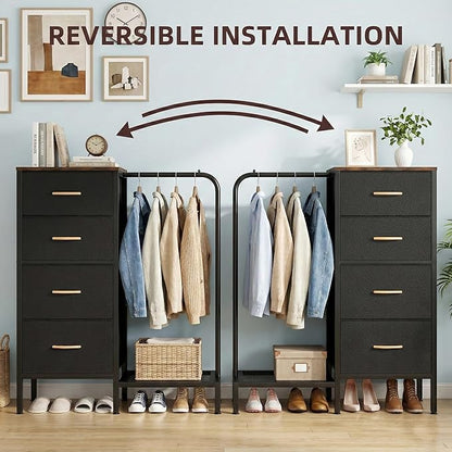 Dresser with Hanging Rack & CFR Certification, Reversible Black Dresser for Bedroom, Kids Chest of Fabric Drawers with Clothes Rack, Small Closet Organizer with Drawers, 44''H