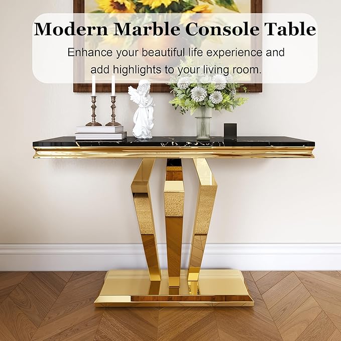 47 inch Gold Console Table, Modern Entryway Table with Diamond-Shaped Metal Base for Entrance, Hallway, Living Room (Black Faux Marble & Gold)