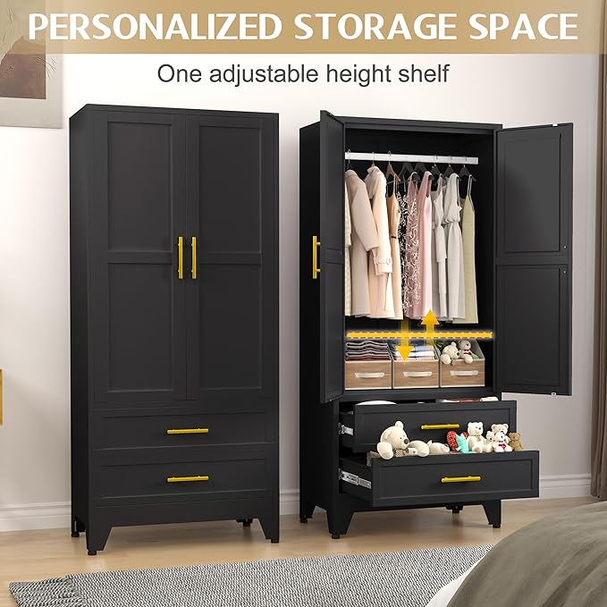 Steel Armoire Wardrobe Closet, 71" Metal Clothing Storage Cabinets with 2 Doors, 1 Adjustable Shelf and 2 Drawers, Metal Wardrobe Cabinet with Hanging Rod for Bedroom, Gym, Cloak Room (Black)