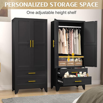 Steel Armoire Wardrobe Closet, 71" Metal Clothing Storage Cabinets with 2 Doors, 1 Adjustable Shelf and 2 Drawers, Metal Wardrobe Cabinet with Hanging Rod for Bedroom, Gym, Cloak Room (Black)