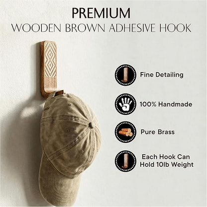 Indian Shelf Boho Decorative Wood Adhesive Wall Hooks for Hanging Coats, Keys, Leash, Hat, Towel Holder, Cute Sticky Key Holder, Brown and White Western Wall Décor (6 Hooks 12 Strips)