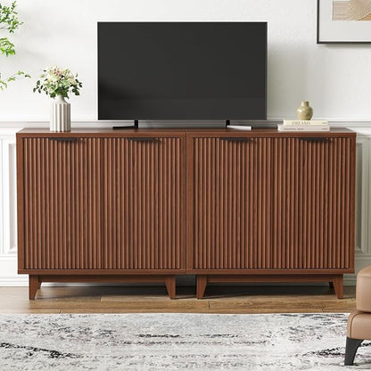 Fluted Cabinet with Storage, 2 Doors Sideboard Buffet, Mid Century Modern Accent Cabinet with Adjustable Shelves, Multifunctional Console Table with Storage for Living Room, Kitchen, Entryway
