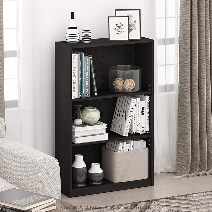 Furinno Jaya Book Shelf, 3-Tier Bookshelf, Bookcase with Adjustable Shelves, 9.5 x 24.5 x 40.3, for Living Room, Bedroom, Home Office, Blackwood