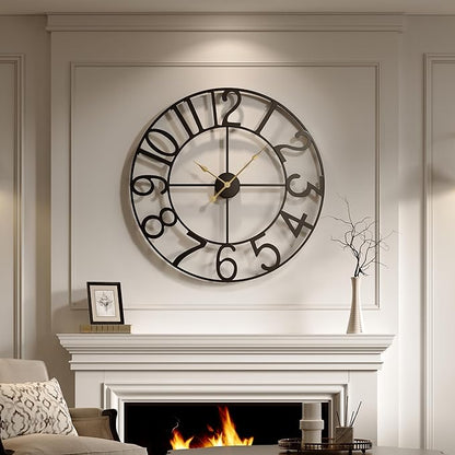 Cuspin Large Wall Clock for Living Room Decor, 30 Inch Decorative Wall Clocks Battery-Operated Silent Non Ticking Metal Modern Black Round Clock Arabic Numerals