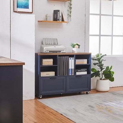 40" Farmhouse File Cabinet,Lateral File Cabinet with Wheels,Wood File Cabinet with shelve,Filing Cabinet with 2 Drawers for Legal/Letter/ A4 Size (Blue)