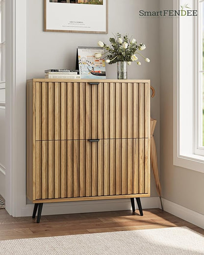 Shoe Storage Cabinet, Fluted Shoe Cabinet Storage for Entryway, Hidden Shoe Cabinet with Metal Legs,Shoe Organizer Cabinet with Flip Doors, Slim Entryway Shoe Storage Cabinet, Natural Wood-31.5in