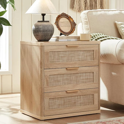 LEYAOYAO Rattan Night Stand Set of 2 with Drawers, 23" Large 3 Drawer Boho Nightstand, Natural Wood Bedside Table Storage Cabinet, Bed Side End Tables Dresser for Bedroom, Living Room, Hallway, Closet