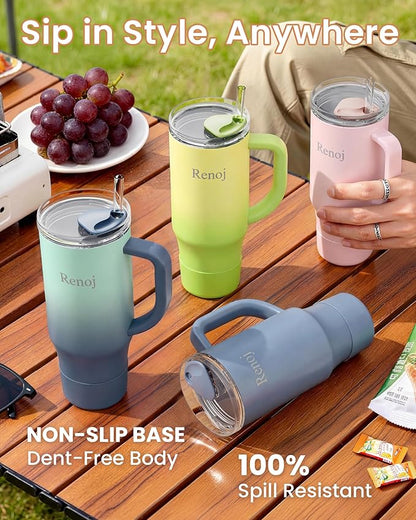 Renoj Tumbler with Handle 100% Spill Resistant Insulated Water Bottle for Iced Coffee & Hot Drinks - Fits Car Cup Holder, Ideal Gift, 2 Straws & Silicone Boot BPA-Free - FlexSlide Navy Blue 32 oz