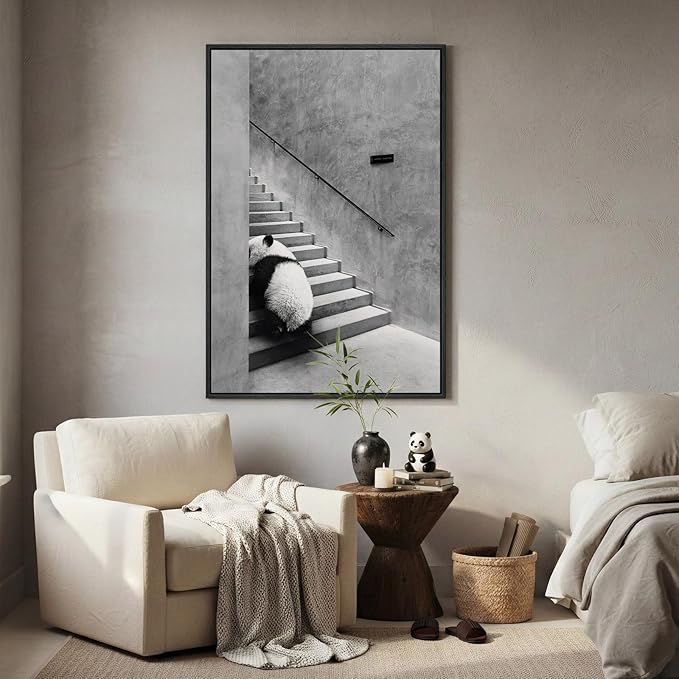 Framed Modern Black and White Wall Art, Modern Animal Panda Canvas Prints Paintings Artwork for Walls, Minimalist Panda Pictures for Living Room Bedroom Dining Room Lounge Office Wall Decor 24x36 In