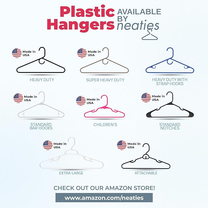 Neaties Heavy Duty Clothes Hangers 50 Pack (54 Count) – Made in The USA – 8lb Capacity Plastic Hangers for Adult Clothing – Durable for Pants, Coats, Jackets, or Jeans – White & Pink