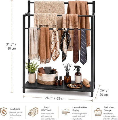 24.8" W Freestanding Towel Rack, 3 Tier Blanket Ladder Stand with Black Wooden Shelf for Bathroom Living Room