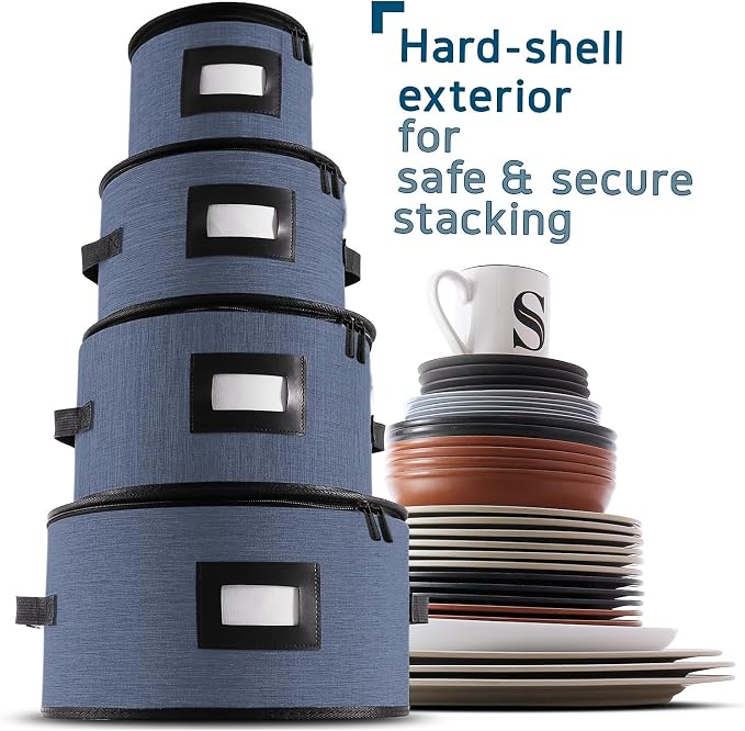Fine China Storage Containers Hard Shell, 4 Piece Dish Storage Containers, Quilted Plate Containers, Stackable Dish Organizer with Dividers, Dinnerware Storage for Moving and Seasonal Storage, Blue