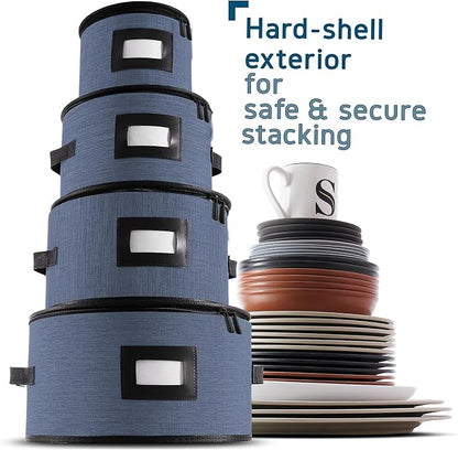Fine China Storage Containers Hard Shell, 4 Piece Dish Storage Containers, Quilted Plate Containers, Stackable Dish Organizer with Dividers, Dinnerware Storage for Moving and Seasonal Storage, Blue