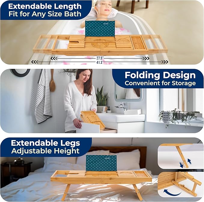 SereneLife 2 in 1 Bed and Bath Tray - Foldable Bamboo Bathtub Caddy with Adjustable Length, Non-Slip, Device Holder, Wine Glass Slot, Expandable for Comfortable Bathing, Natural, 2in1, Folding Set
