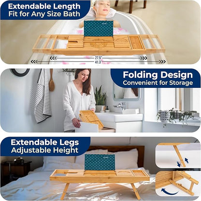 SereneLife 2 in 1 Bed and Bath Tray - Foldable Bamboo Bathtub Caddy with Adjustable Length, Non-Slip, Device Holder, Wine Glass Slot, Expandable for Comfortable Bathing, Natural, 2in1, Folding Set