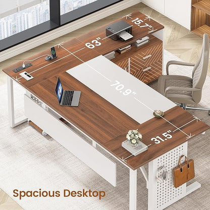 SEDETA 71" Executive Desk with Rolling File Cabinet, Large Office Desk with Drawers, L Shaped Computer Desk with Power Outlets, CPU Stand, Pegboard and Storage Shelves, White