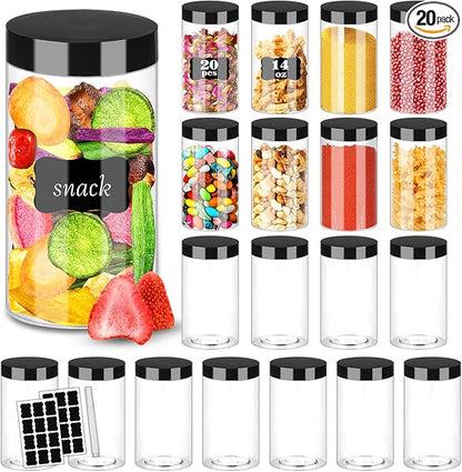 Hajoyful Plastic Jars with Lids 20Pcs 14 oz Clear Plastic Slime Storage Jars Containers with Airtight Leak Proof Black Plastic Screw On Lids Cylinder Clear Round Jar Food Grade Durable PET Jar