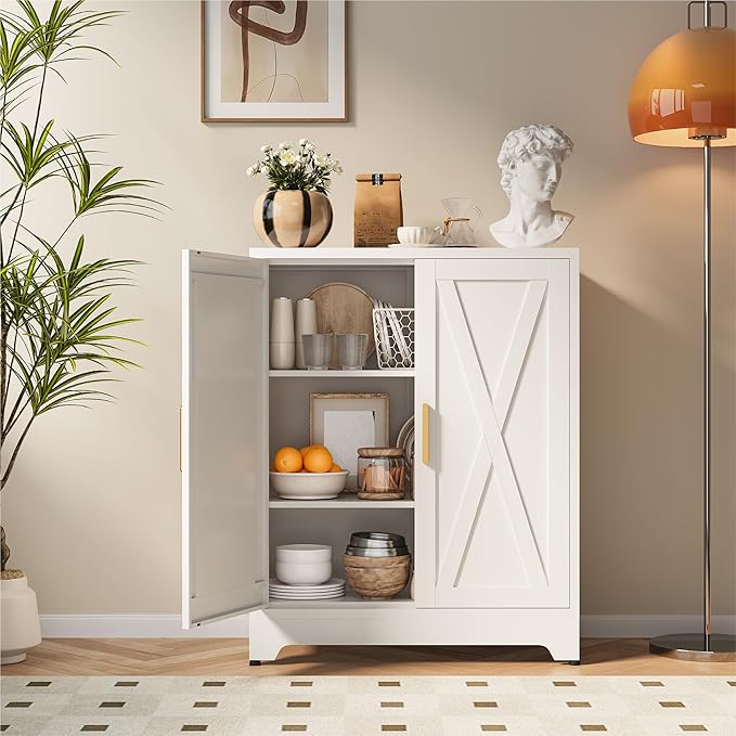 COFaR White 39" H Double Door Metal Storage Cabinet, Heavy Duty Kitchen Organizer & Coffee Bar with Adjustable Shelves, 150 lbs Top Capacity, 3-Tier Filing Cabinet for Pantry, Home Office, Dorm