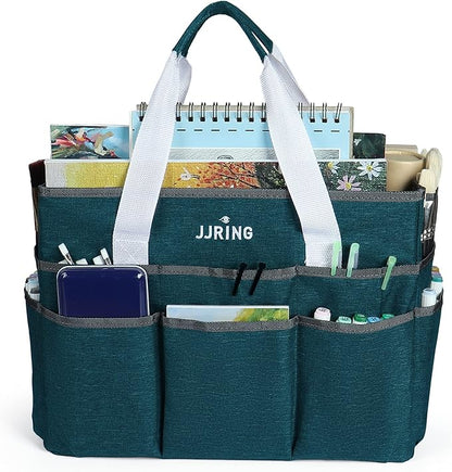 JJRING Craft Organizer Tote Bag, Large Art Storage Caddy with Multiple Pockets, Bluish Green Sewing Bag for Art, Craft, Scrapbooking, School, Medical, and Office Supplies Storage