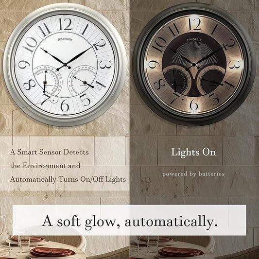 18" Illuminated in/Outdoor Clock with Smart Sensor and Night Light, Waterproof, Large Wall Clock with Thermometer & Hygrometer, for Garden,Pool and Patio Decor (Morning Silver)