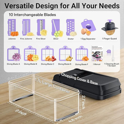 SpaceHacks 15-in-1 Vegetable Chopper, Kitchen Gadgets with 10 Blades, Veggie, Food, Onion Chopper, Cucumber Slicer, Versatile Mandoline, Includes Egg Separator & Finger Guard, Purple