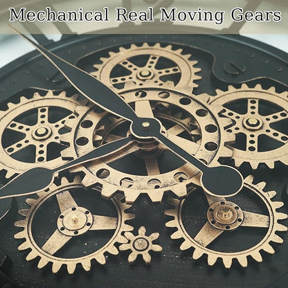 DORBOKER Moving Gears Wall Clock Large Modern Metal Clocks for Living Room Decor, Industrial Steampunk Unique Vintage Rustic Decorative Clock for Home Farmhouse Office, 27.6 Inch,Black Gold Arabic