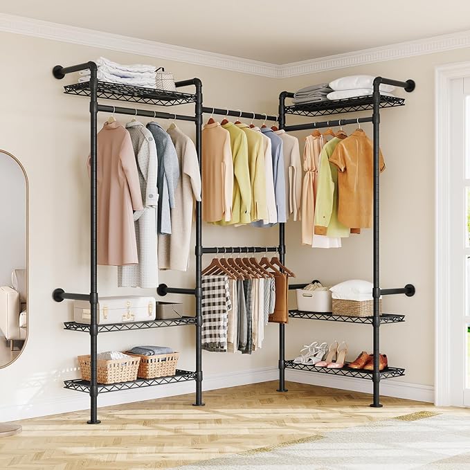 L3 Industrial Pipe Closet Organizer System, Wall Mounted Clothes Rack Clothing Racks with 4 Telescopic Rods & 6 Shelves , Heavy Duty Closet System in Wardrobe Closet (Black)
