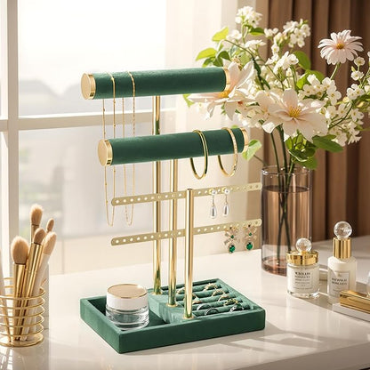 bussdis 3 Tier Bracelet Holder Display - Detachable T Bar Dark Green Velvet Bracelet Holder, Jewelry Holder Organizer for Bracelet, Necklace, Earrings, Rings
