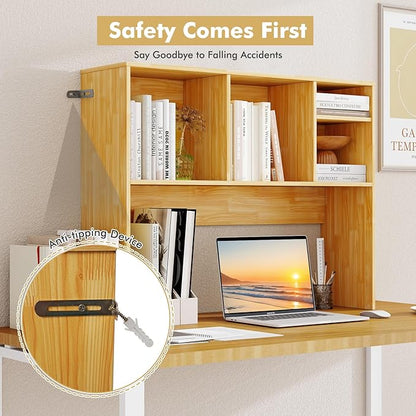Desk Hutch, Desktop Shelf with 4 Shelves, Desk Bookshelf w/Anti-Toppling Devices, Wood Table Top Bookshelf Organizer, Small Desk Shelf for Study, Office, Dorm (Burlywood, 4 Shelves)