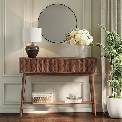 Console Table with Solid Wood Leg,Fluted Entryway Table with Storage Drawers, Mid-Century Modern Narrow Console Table for Living Room,Hallway,Walnut