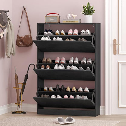BORNOON Shoe Storage Cabinet with 3 Flip Drawers,Narrow Shoe Rack Cabinet,Freestanding Organizer Storage for Entryway, Hallway, Black