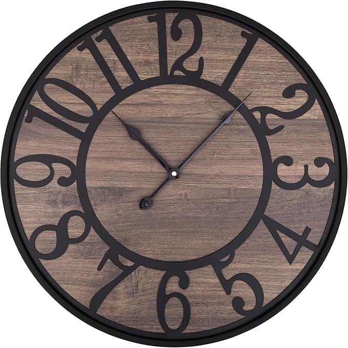 LEIKE Large Wall Clocks,Non Ticking Silent,Battery Operated Small Round Modern Wood Wall Clock for Living Room, Bedroom,Kitchen,Farmhouse,Office Vintage Home Decor-13.5 Inch/34CM-Black-Arabic Number