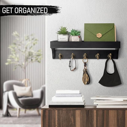 Rebee Vision Key Holder for Wall with Shelf : Decorative Key Organizer with 5 Rustic Keys Hooks and Primitive Wood Mail Organizer Wall Mount - Entryway Décor (Black)