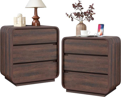 Modern Nightstand Set of 2, 23.2" Wide Wood Bedside Table with Charging Station, 3 Storage Drawers Side Table Curved Profile, Handleless, Large End Table Night Stand for Bedroom, Walnut ﻿